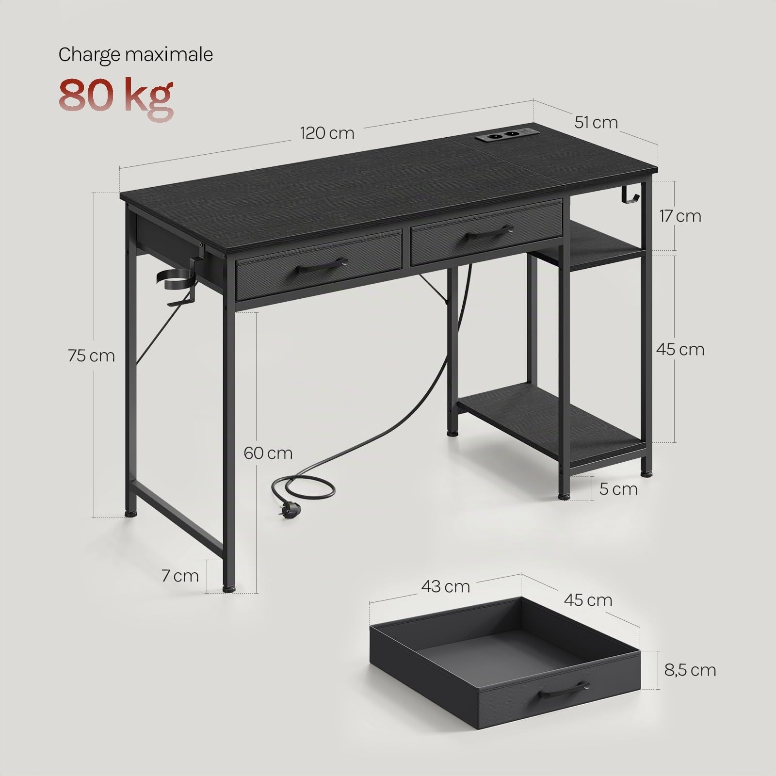 WOLTU Bureau Gaming avec Prises, Bureau d'Ordinateur avec Rangement, Noir