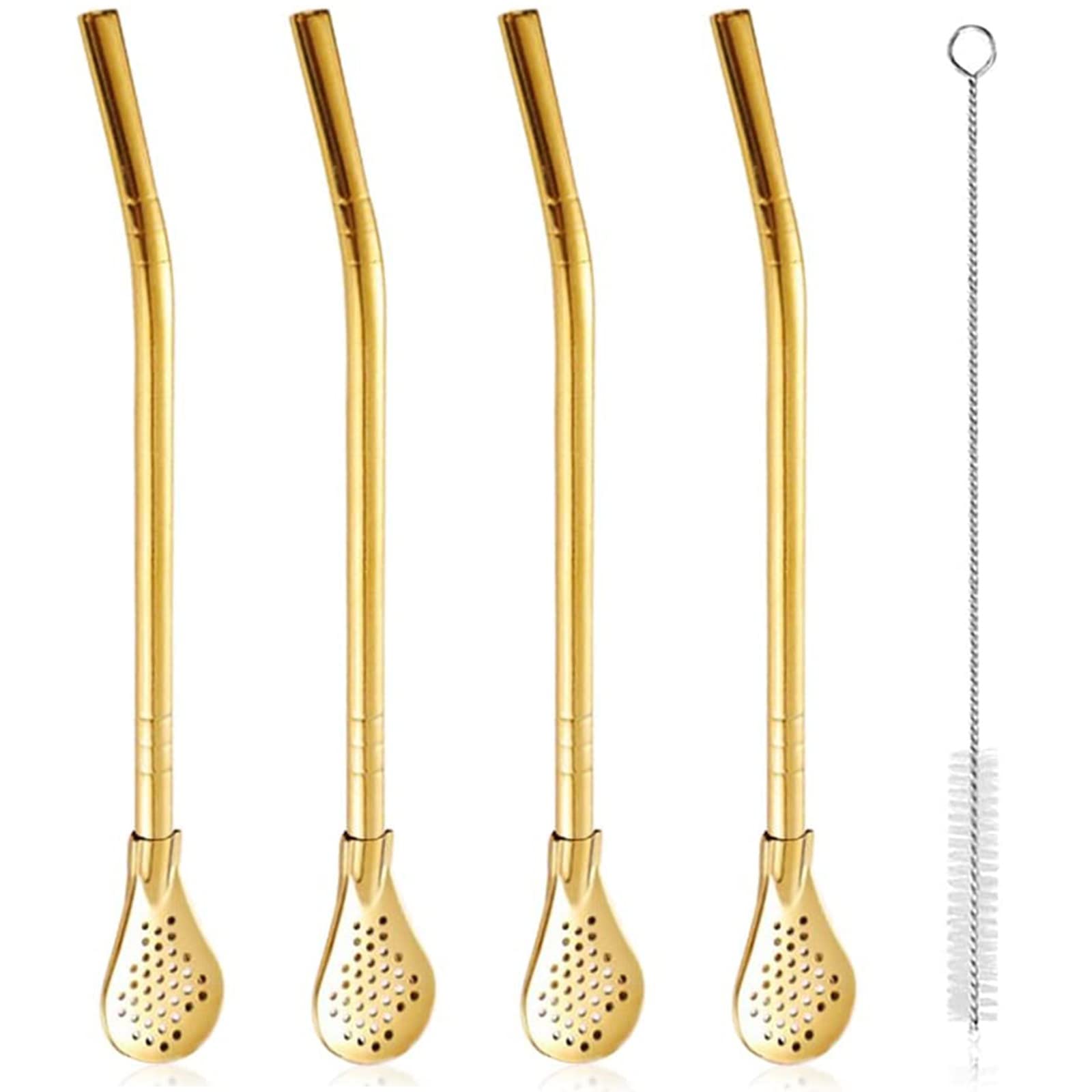 THAELY4 Pieces Reusable Stainless Steel Straw Filter Spoon & 1 Cleaning Brushes Set, Yerba Mate Straws Bombilla, Removable Drinking Stir Sticks, Metal Stirrer for Coffee Loose Tea Cocktail(Gold)