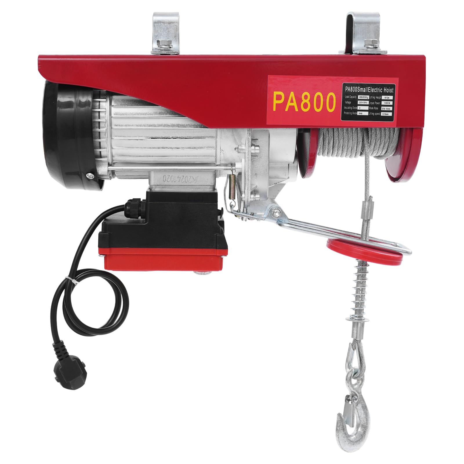 Kettenzug | Flaschenzug |Seilzug | Elektrischer Hebezug 800kg Tragkraft | 1450W Motor mit Fernbedienung (80m Reichweite) | 12m Stahlseil & Doppelhaken | Für Industrie, Bau & Lager