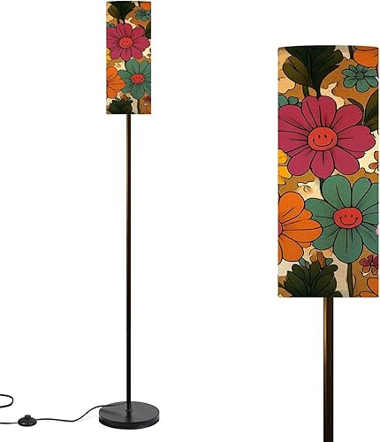Modern Floor Lamps for Living Room Colorful 70s Style Retro Floral Vintage Standing Lamps with Linen Lampshade Tall Lamp Metal Pole Lamp for Bedroom