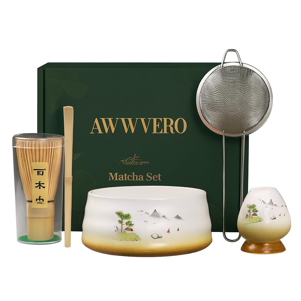 AWWVERO Matcha Set 5 pcs Matcha with Whisk Set and Bamboo Stick Green (5, Distant Mountain)