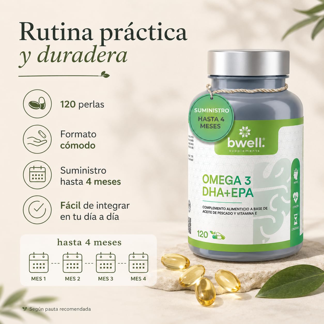 Omega 3 Capsulas Certificado IFOS 500mg EPA + 1000mg DHA 1500mg Alta Concentracion por Dosis + Vitamina E 120 Uds para 4 Meses – Apoya Memoria Vista Corazon y Defensas sin OGM - BWELL