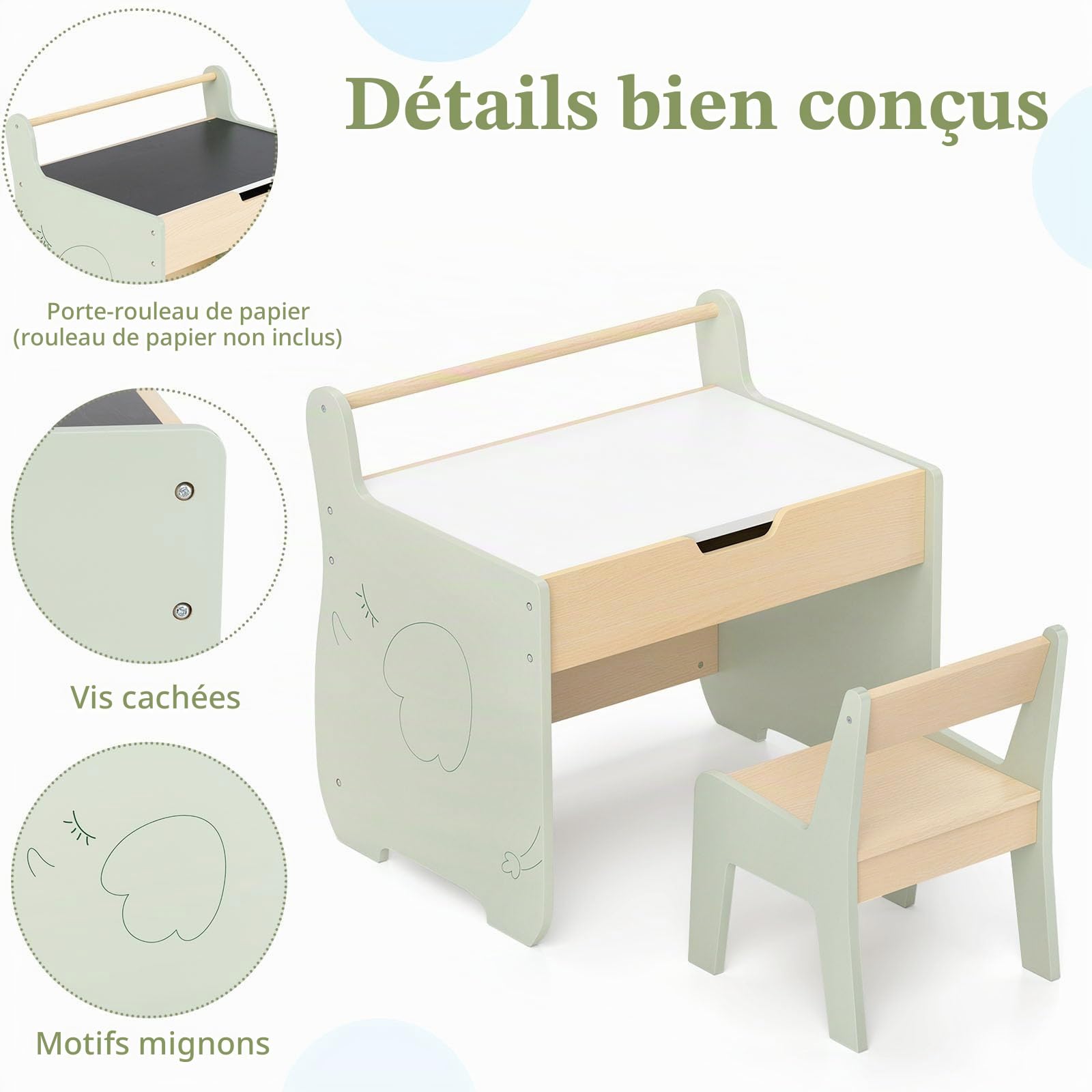 LIFEZEAL Table pour Enfant avec Chaise, Bureau Amovible avec Espace de Rangement, Ensemble de sièges avec Tableau Double Face, Ensemble de chaises pour Jouer, Lire, Peindre, Manger (Vert+Naturel)