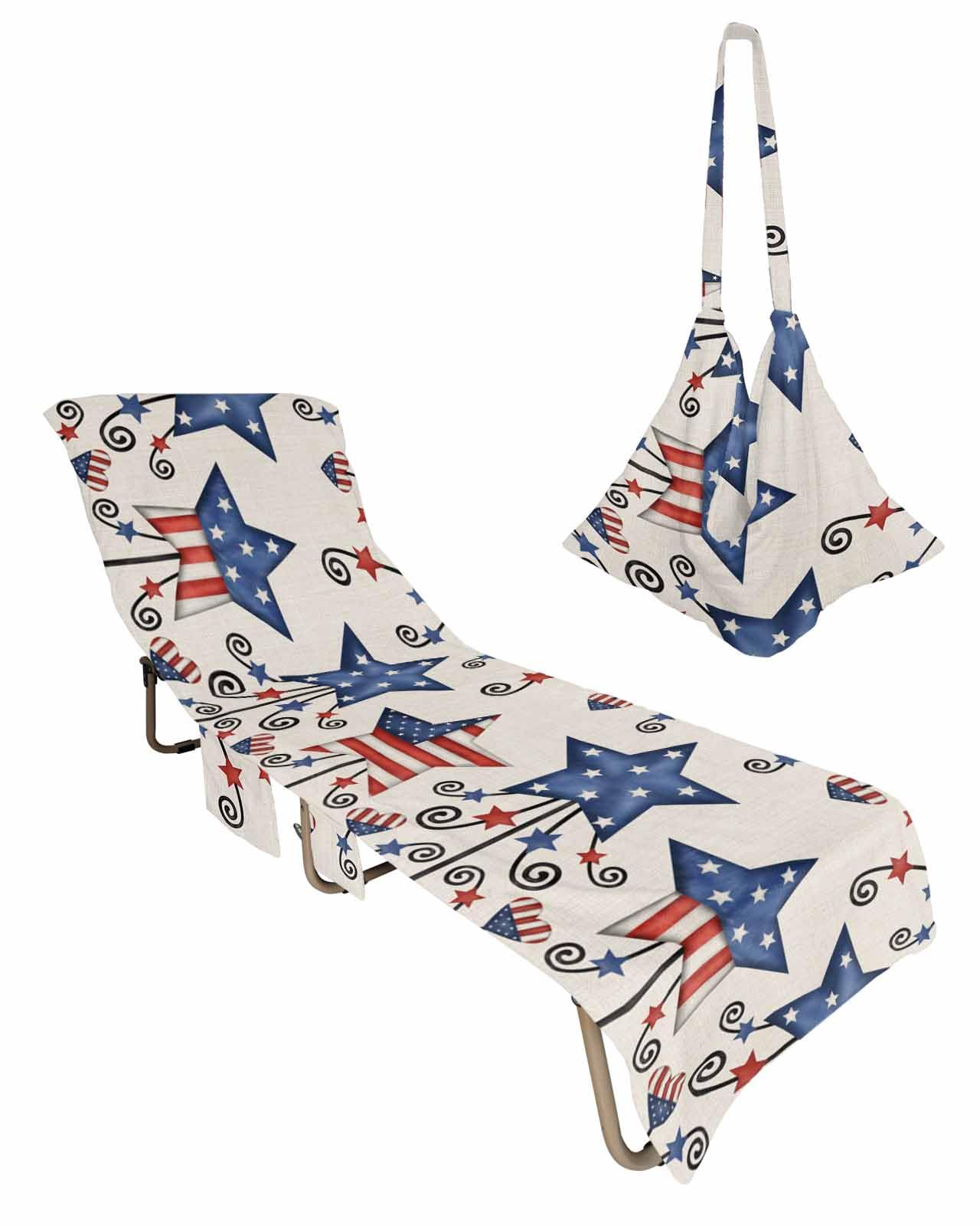 4th of July Beach Lounge Chair Towel Cover, Soft Chaise Lounge Towel with Side Pockets Patio Pool Chairs Cover for Beach/Pool Sunbathing 29x85 Blue Red Star Rustic Independence Day