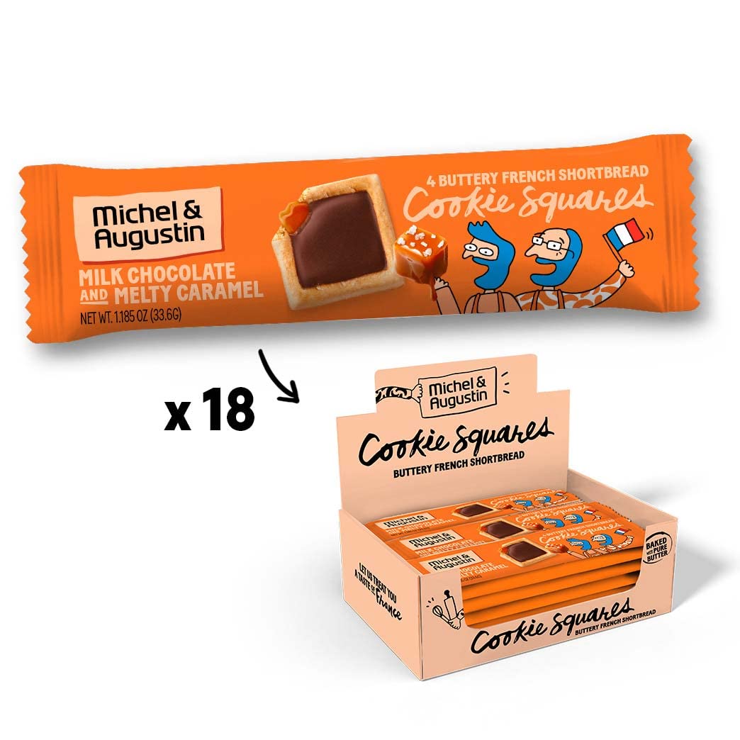 Michel et Augustin Gourmet Chocolate Cookie Squares | Individually Wrapped European Cookie Bars | Milk Chocolate & Caramel | 18-Bar Pack | 4 French Shortbread Cookies per Bar