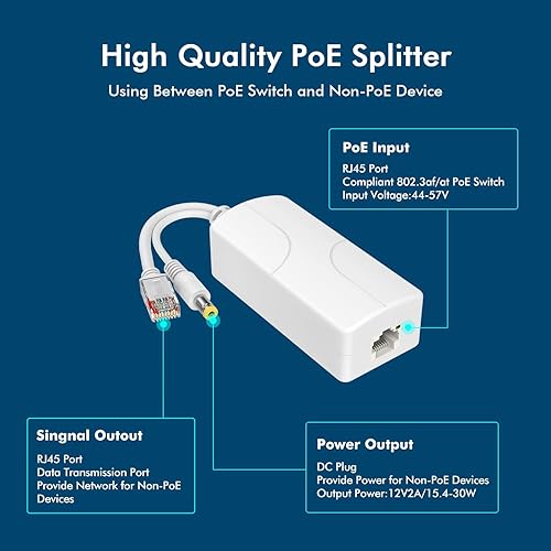 Miniatura 7 de YuanLey Divisor PoE Gigabit DC 48V a 12V2A, compatible con IEEE 802.3afat 101001000Mbps Adaptador de divisor de alimentación PoE activo a través de