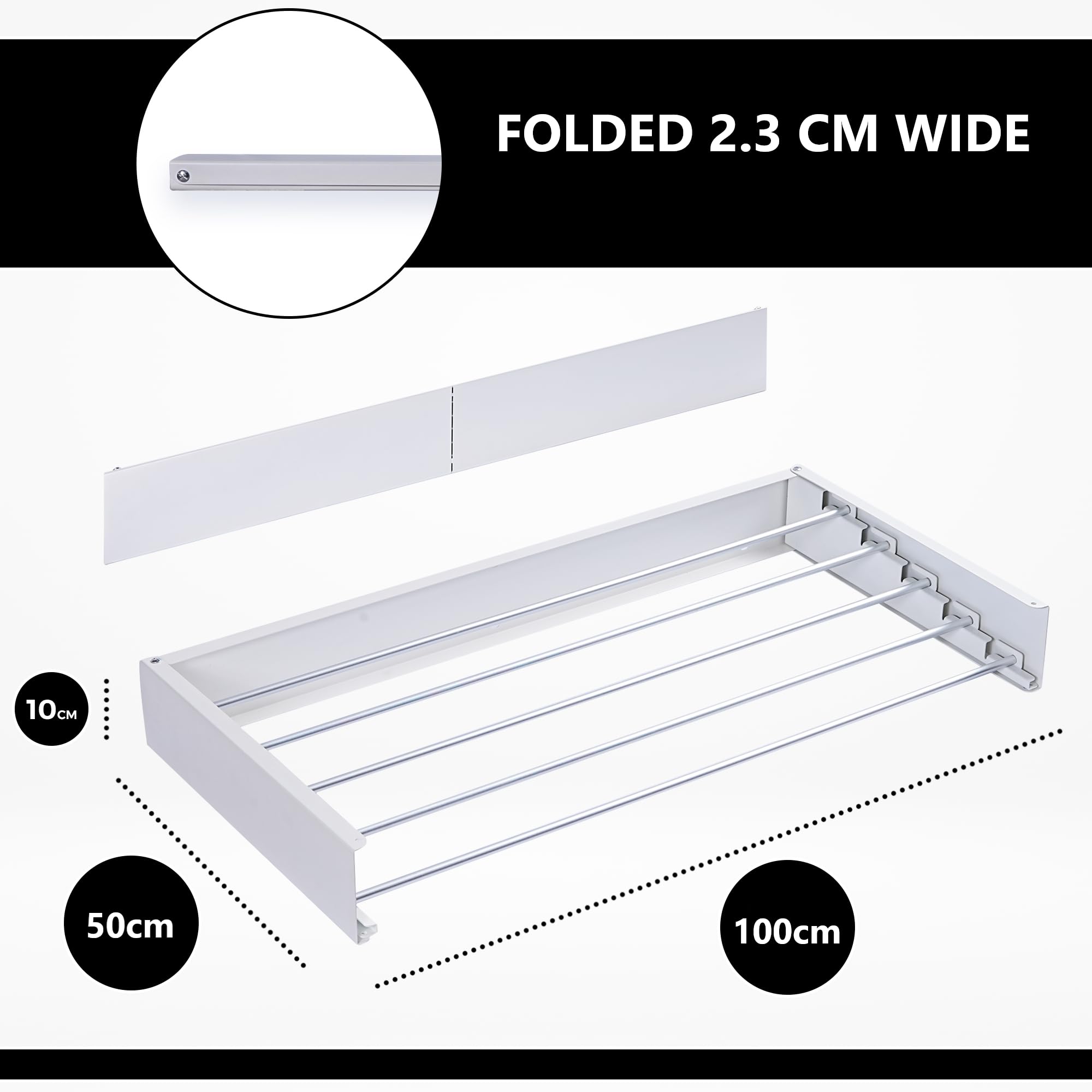 Vonia Wall Mounted Clothes Drying Rack, Foldable Laundry Drying Rack 100x50 cm, Retractable Clothes Airer with 5 Rods - Image 3