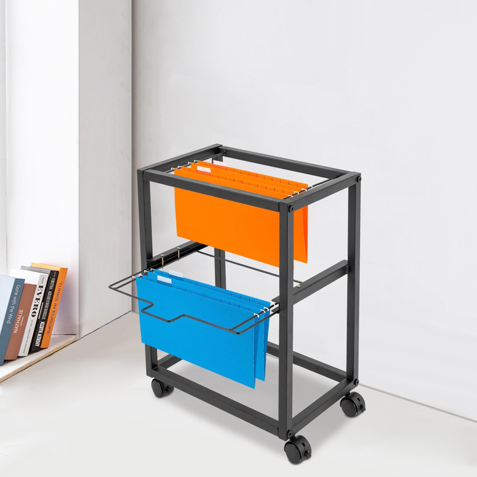 2/3 Tiers Metal Rolling File Carts with Wheels Hanging Files for Letter Size Movable Pull-Out File Folder Rack Drawer File Cabinet for Home Office (2Tiers Black)