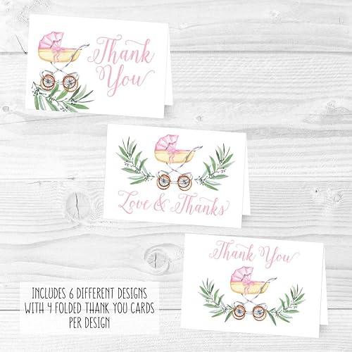 Miniatura 5 de Hadley Designs 24 tarjetas de agradecimiento para baby shower de carruaje rosa con sobres, nota de agradecimiento para niña, regalo de 4 x 6