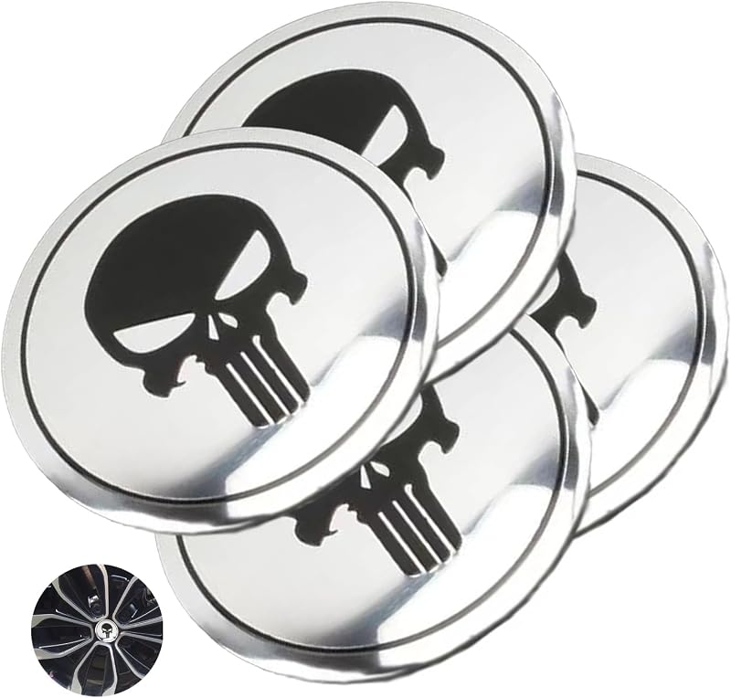 1 Pack 4 Pcs Car Hub Center Cap Decal, Wheel Cap Cover Skull Pattern Decoration, 2.23 Inches Silvery Hub Cap for Most Car Models