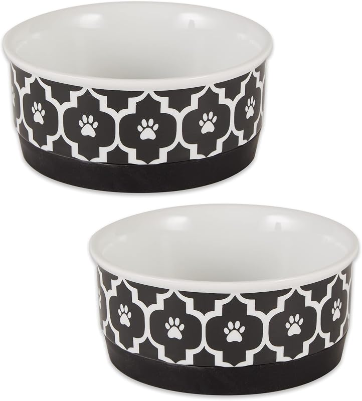 Potes para Gatos e Cães de Cerâmica com Base de Silicone Bone Dry Lattice Preto, Pacote com 2