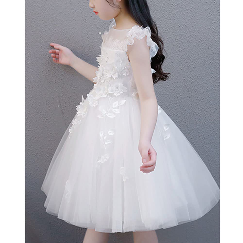 Ragazze Impreziosito da Fiori Pizzo Ricamato Abito tutù in Tulle Senza Maniche Abito da Ballo per Spettacolo di Nozze Abiti da Battesimo Fiore Comunione
