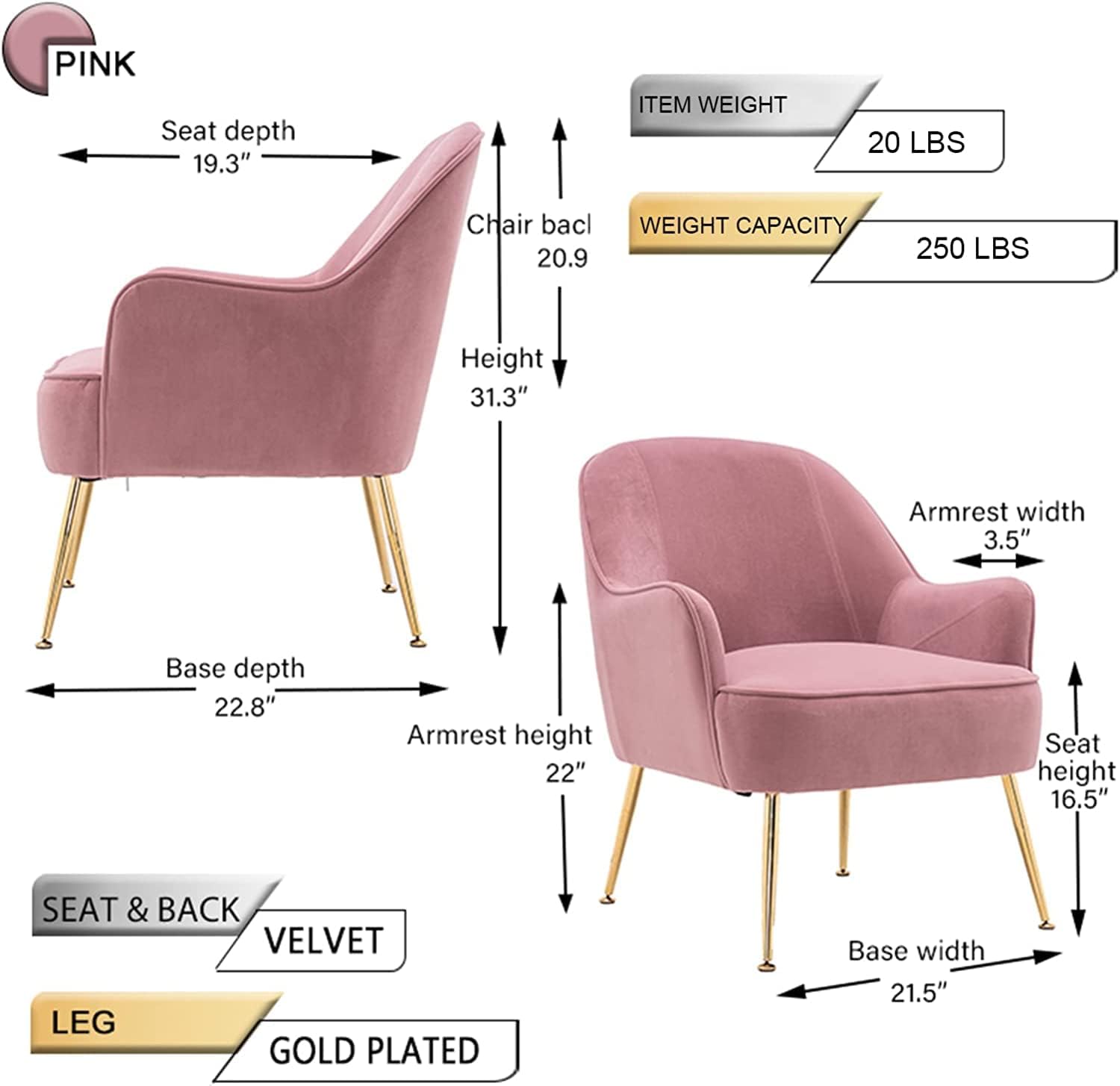 HomVent Leisure Arm Chair Upholstered Reading Chair for Living Room Accent Chair w/Carved Elegant Arms and Golden Legs Sofa Velvet Side Chair Armchair for Bedroom Single Armchair w/Padded Back