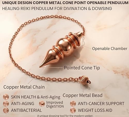 Miniatura 6 de Péndulo abierto de punto de cono de metal de cobre de diseño único. péndulo curativo de Reiki para adivinación y radiestesia.