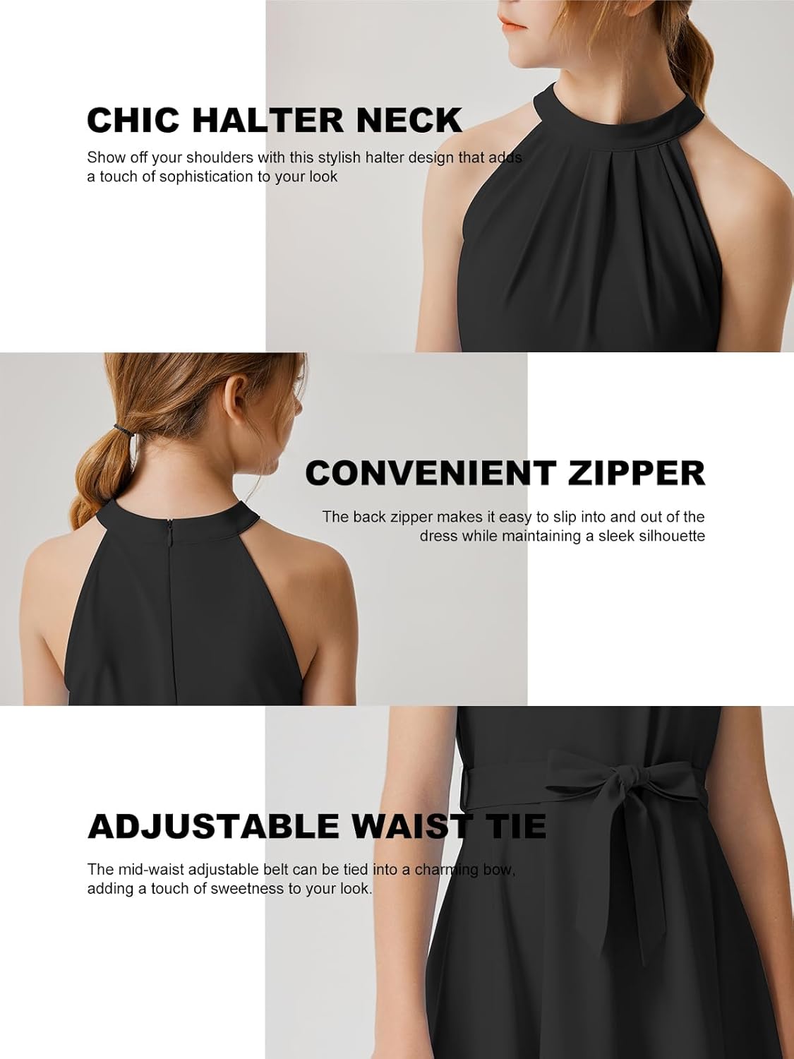 Quedoris Girls Halter Neck Pleated A-line Swing Flared Belted Casual Party Dress with Zipper - Image 5