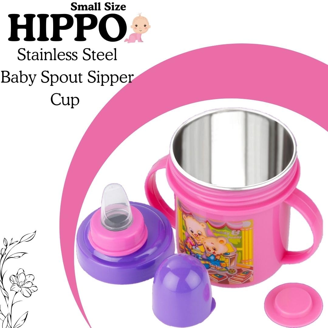 Zerya Hippo Stainless Steel Baby Spout Sipper Cup for Kids/Toddler with Soft Silicone 250 ML (Pink) 2