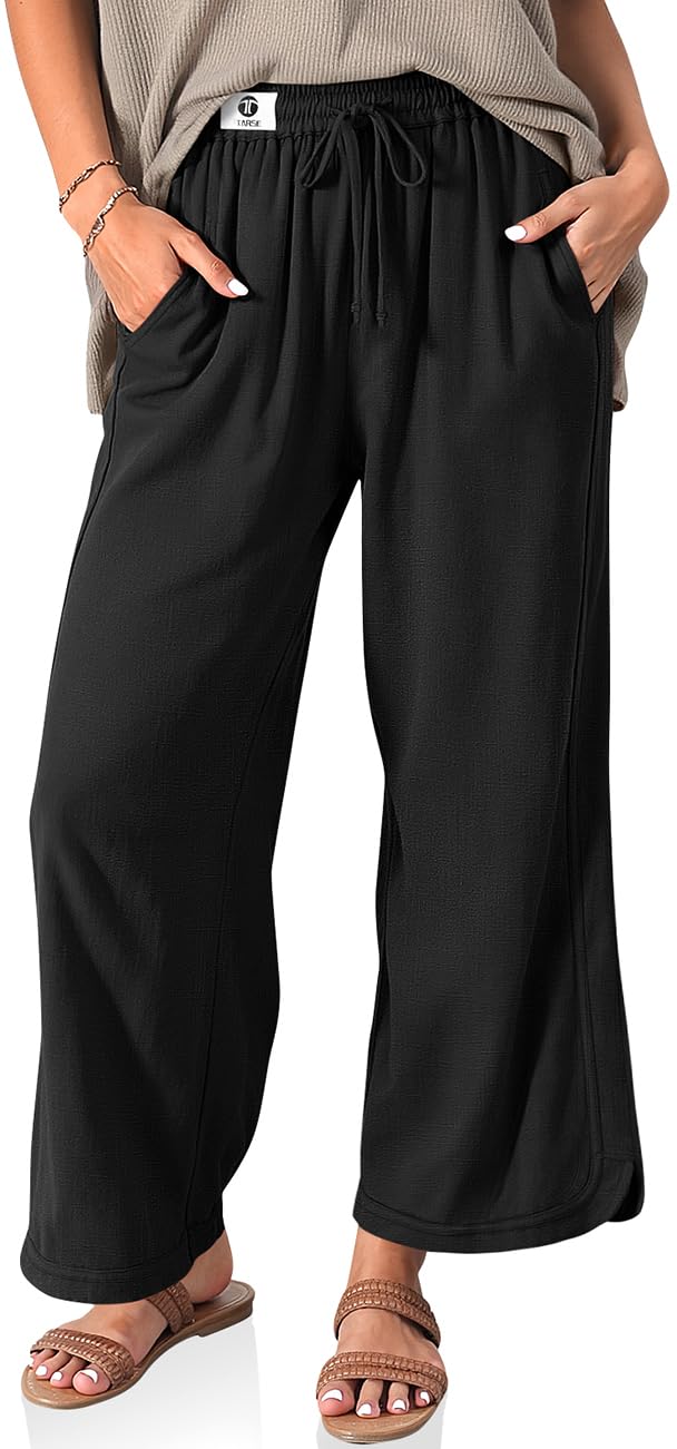 TARSE Women Linen Wide Leg Pants Casual Loose Drawstring Summer Beach Travel Vacation Palazzo Pants with Pockets