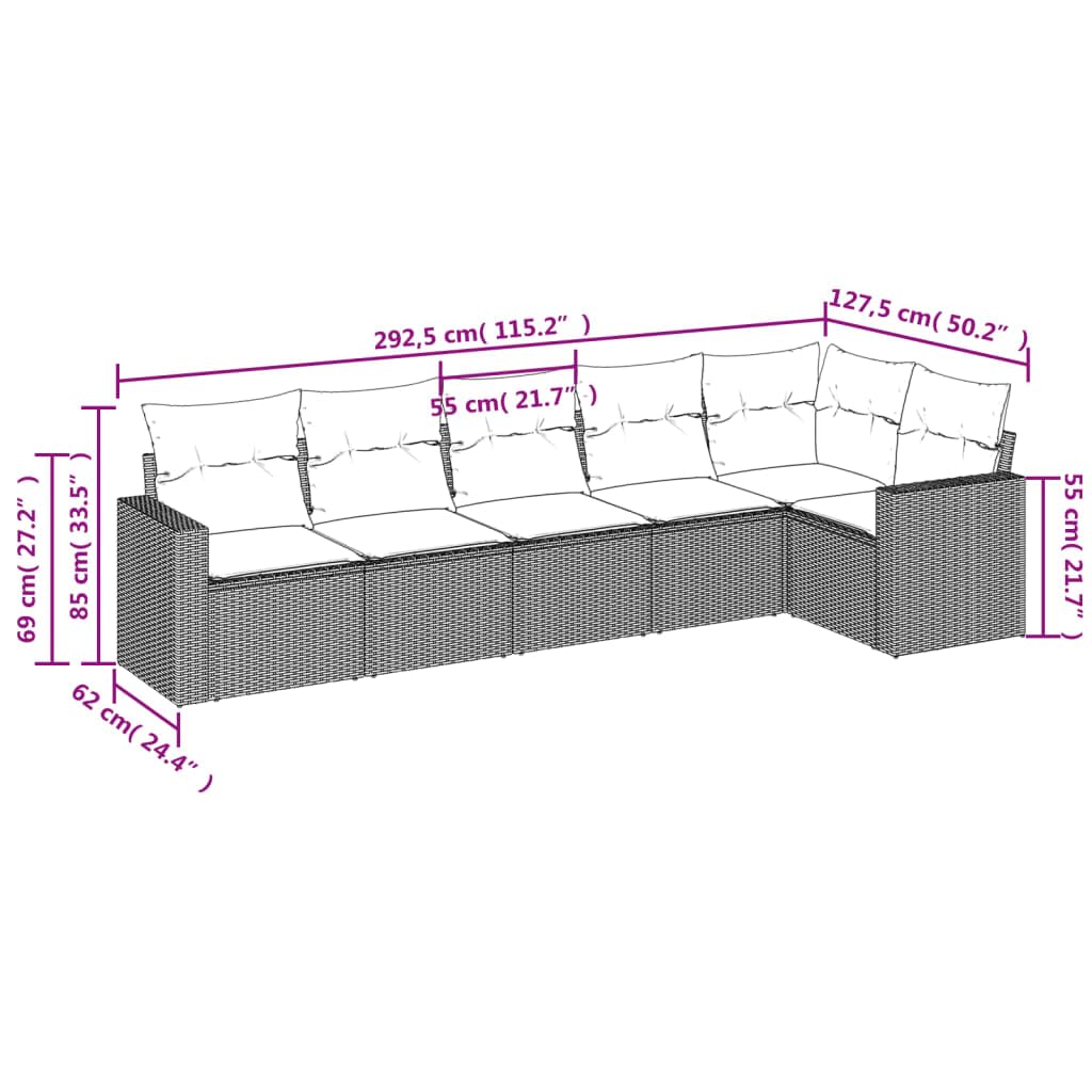 Set divano da giardino 6 pezzi con polyrattan grigio, cuscini sfoderabili e lavabili, seduta angolare modulare con funzione di conservazione per terrazzo, patio, cortile e veranda relax