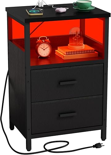 Miniatura 9 de Mesita de noche con estación de carga, mesa auxiliar con cajón de madera de tela, mesa auxiliar blanca con puertos USB para dormitorio, sala de estar