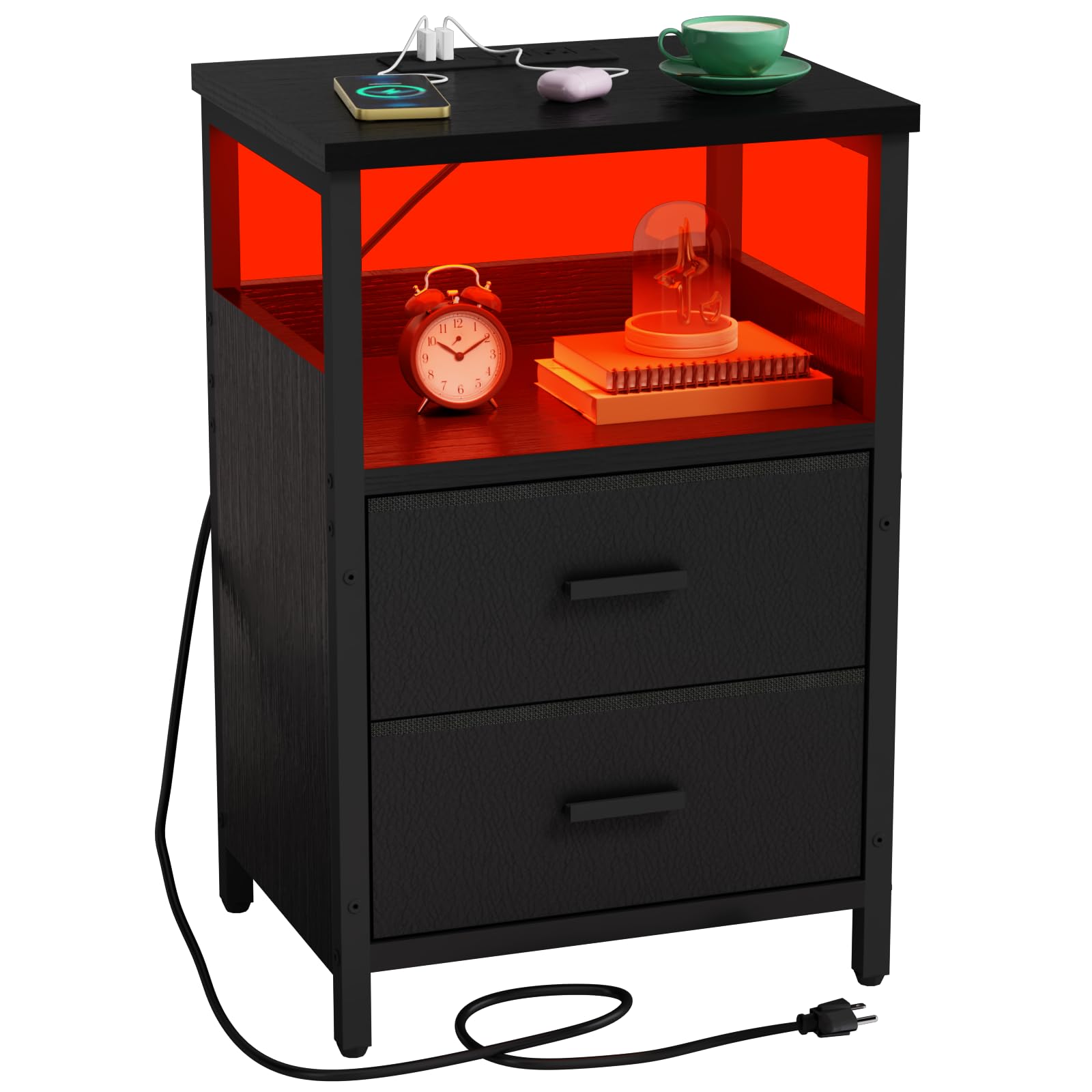 LED Nightstand with Charging Station, Side Table with USB Ports and Outlets, End Table for Small Spaces, Black Bedside Tables for Bedroom, Living Room, Office