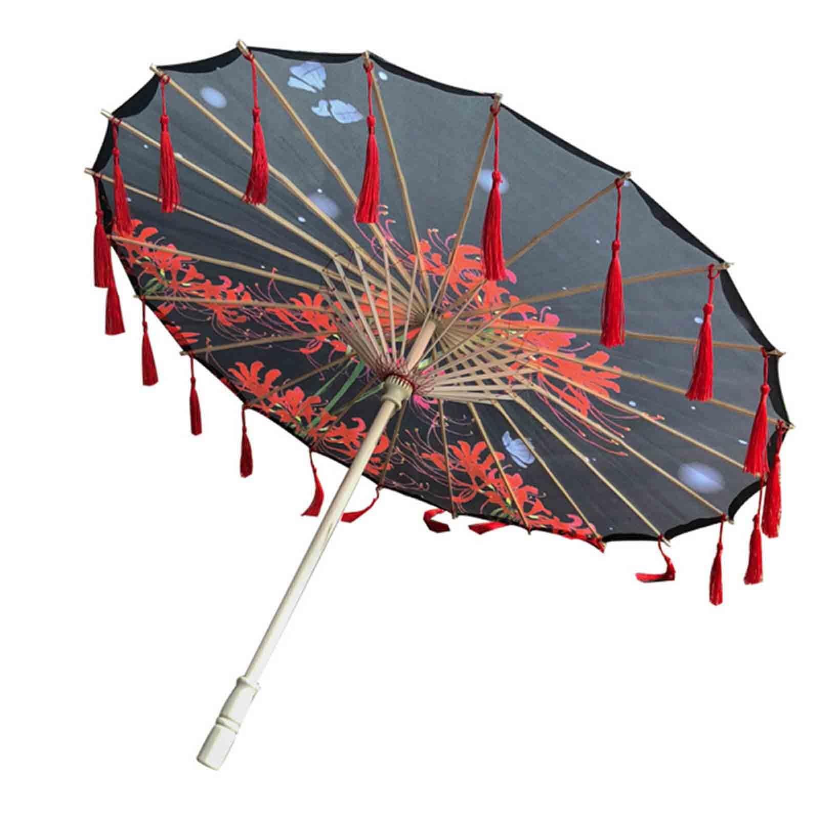 Ahuan Black Asian Style Japanese Umbrella With Tassels Hanfu, Cheongsam Shooting Props Silk Cloth Chinese Umbrella Durable Japanese Parasol