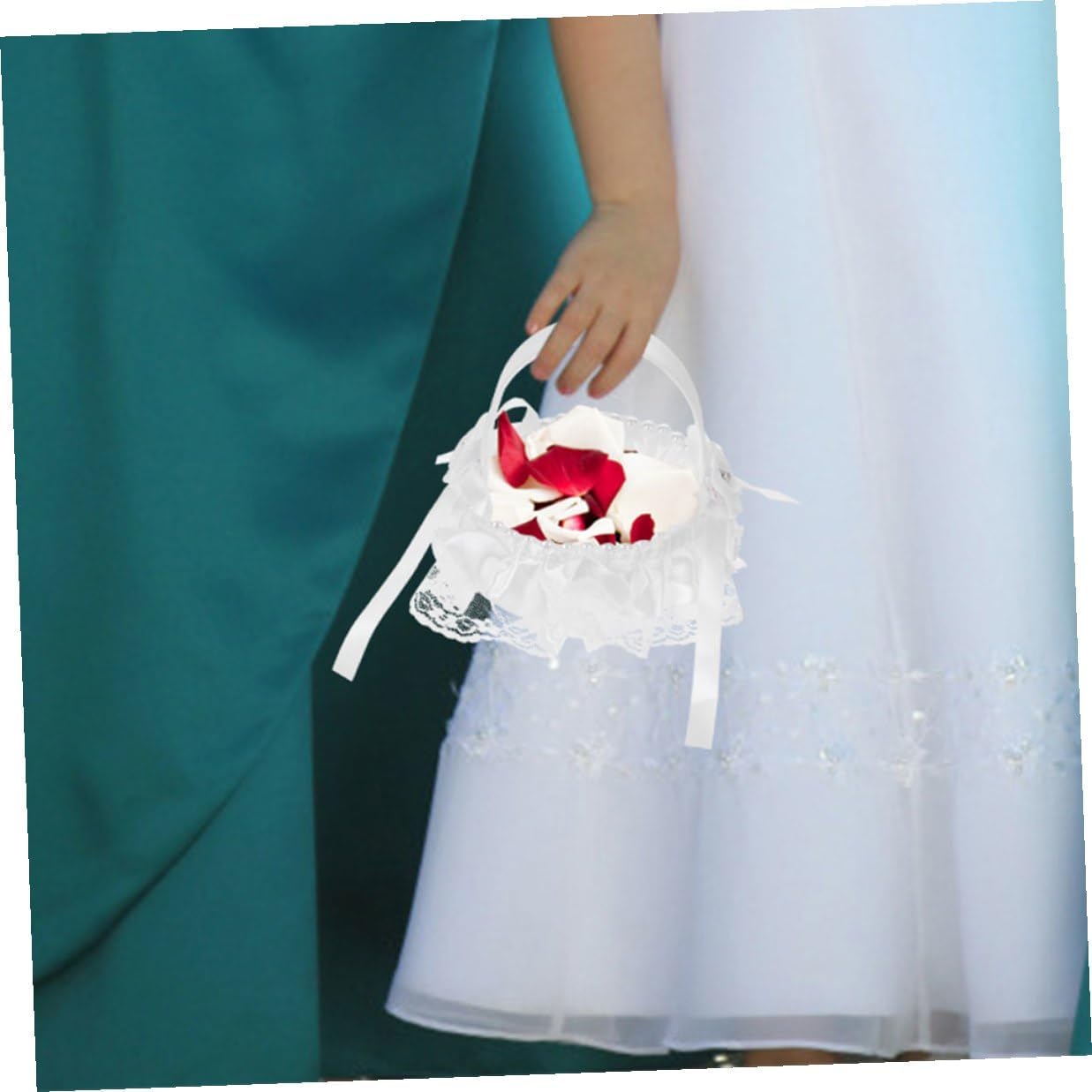 Wedding Flower Girl Basket Set of 2 Lace Bowknot Bride Ceremony Baskets with Handle for Flower Petal Tossing at Wedding Party