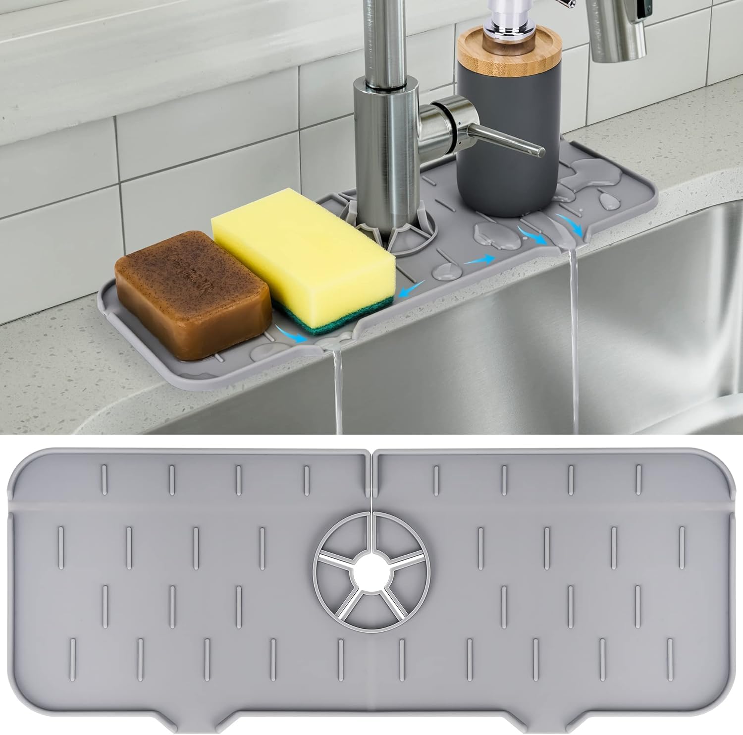 Kitchen Sink Splash Guard - Silicone Faucet Handle Drip Catcher Tray, Dish Soap Dispenser and Sponge Holder Mat Behind Faucet, Kitchen Gadgets Sink Accessories for Kitchen Counter and Bathroom