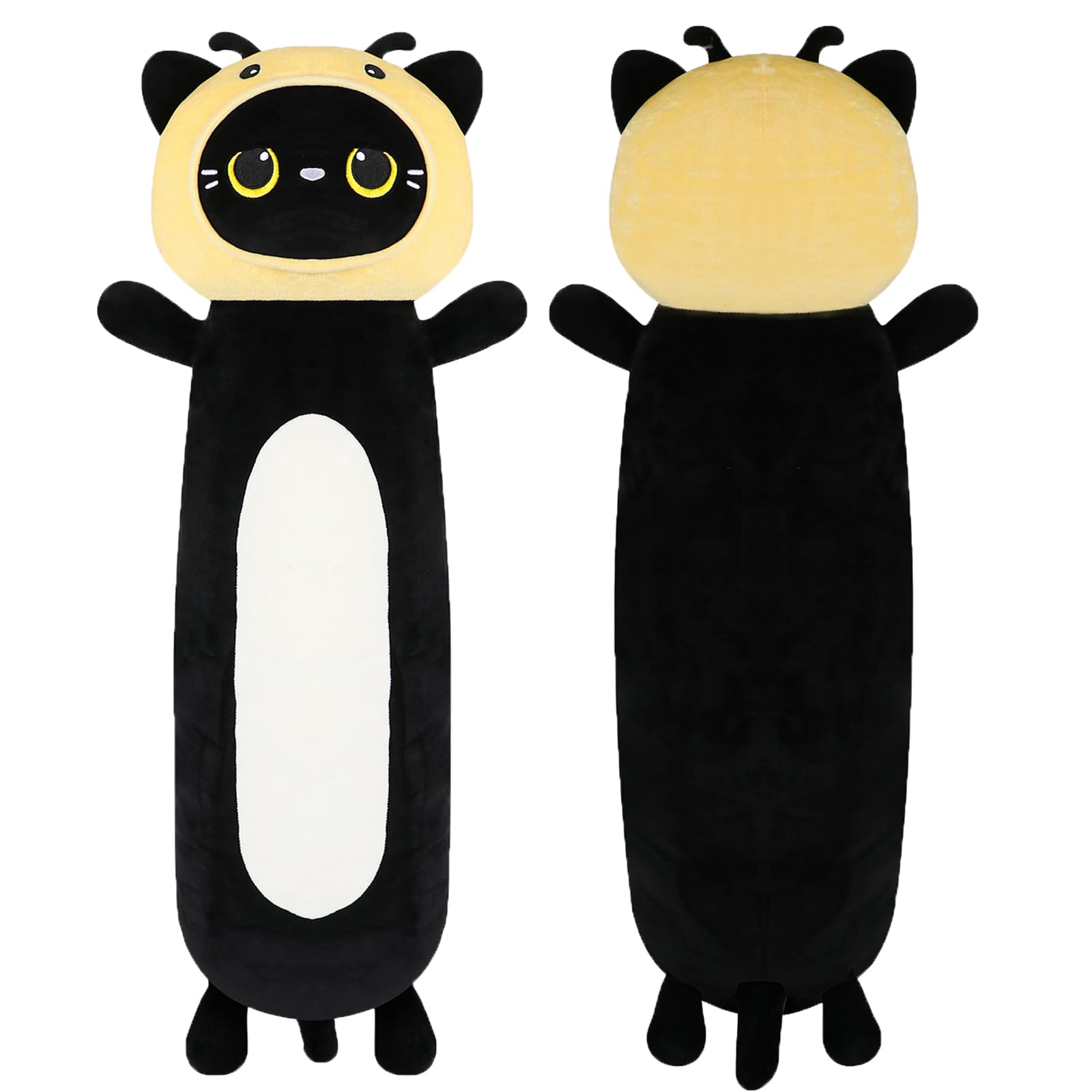 22 inch Bee Black Cat Long Plush Body Pillow Toy, Kitten Plushies with Stuffy Honeybee Oufit Big Stuffed Animals Gfit for Kids Boys Girls, Birthday, Halloween, Christmas