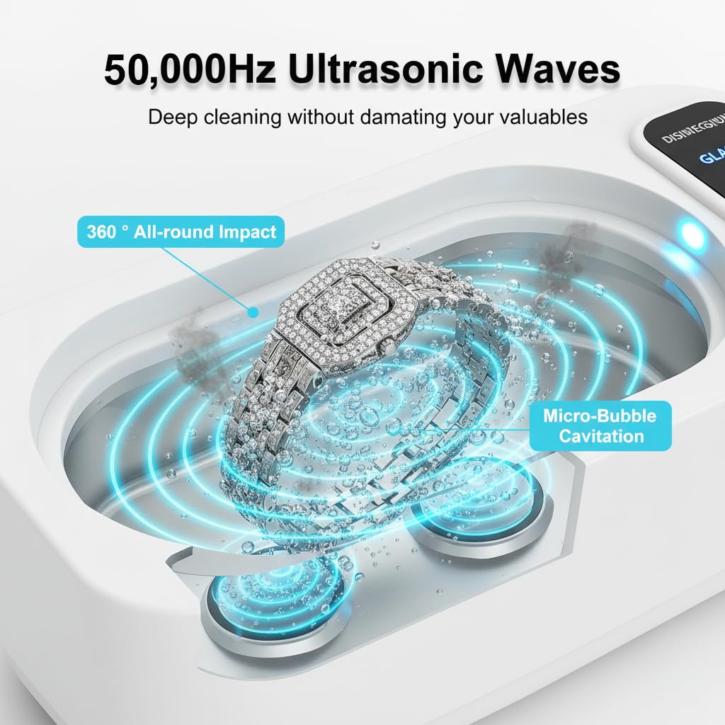 8-Core High-Performance Ultrasonic Jewelry Cleaner, 50KHZ 4-Mode Sonic Cleaner with Watch Stand for Eyeglasses, Rings, Silver Jewelry, Retainers - 304 Stainless Steel Tank,Aeniumvor