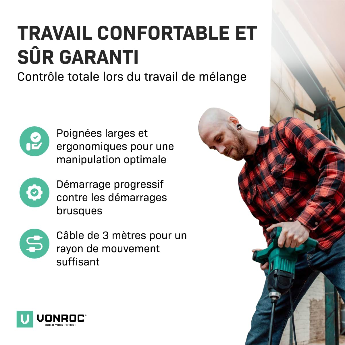VONROC Mélangeur peinture/béton 1200 W - 2 vitesses - Pour peinture, plâtre, papier peint, ciment - Régulateur vitesse constante - Câble caoutchouc 3m - Agitateur 120x600mm inclus - Couleur Verte