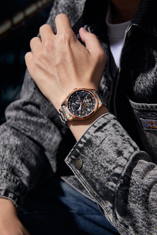 Image of Giordano Premier Fortezza Collection Automatic Watch for Men with Skeleton Round Dial, Luminous Hands and Markers, Stainless Steel Strap - GZ-50225