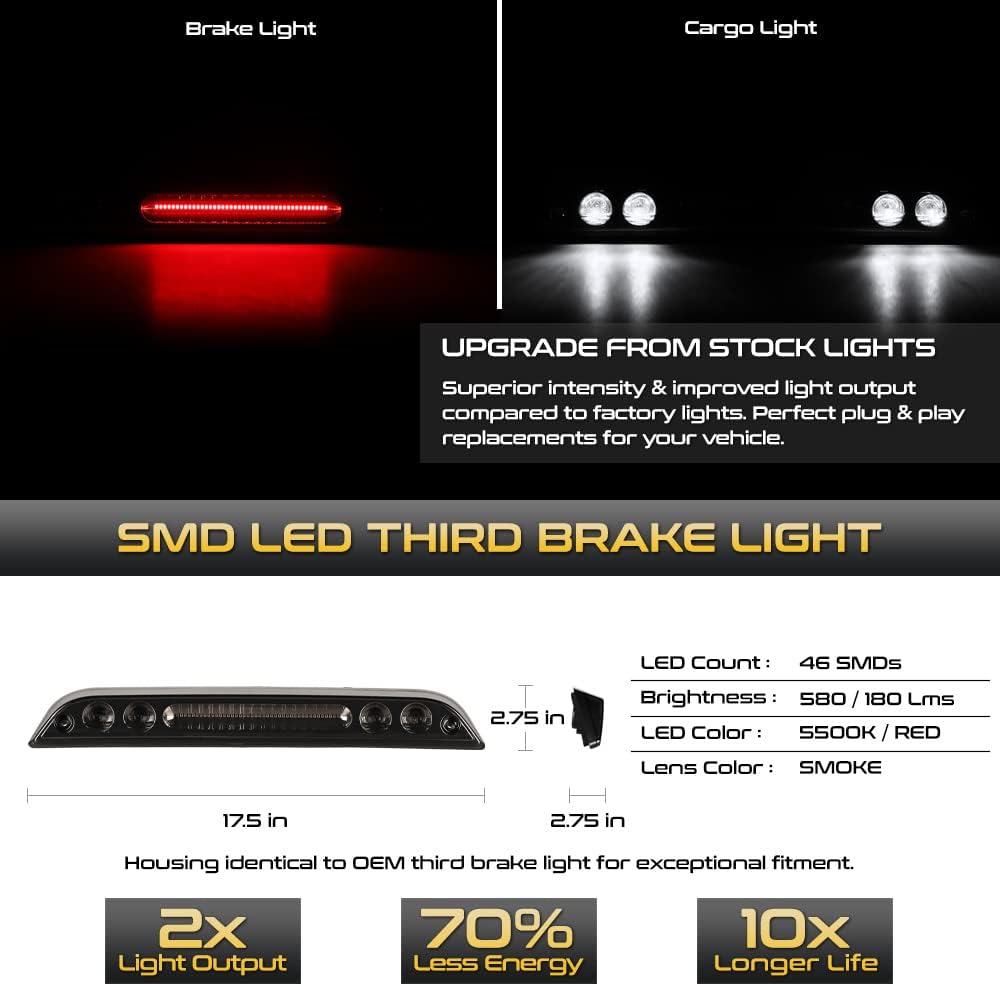VIPMOTOZ Full LED Smoked Third Brake Tail Cargo CHMSL Light Compatible With 2015-2020 Ford F150 Pickup Chrome Housing Smoked Tinted Lens Pair Set