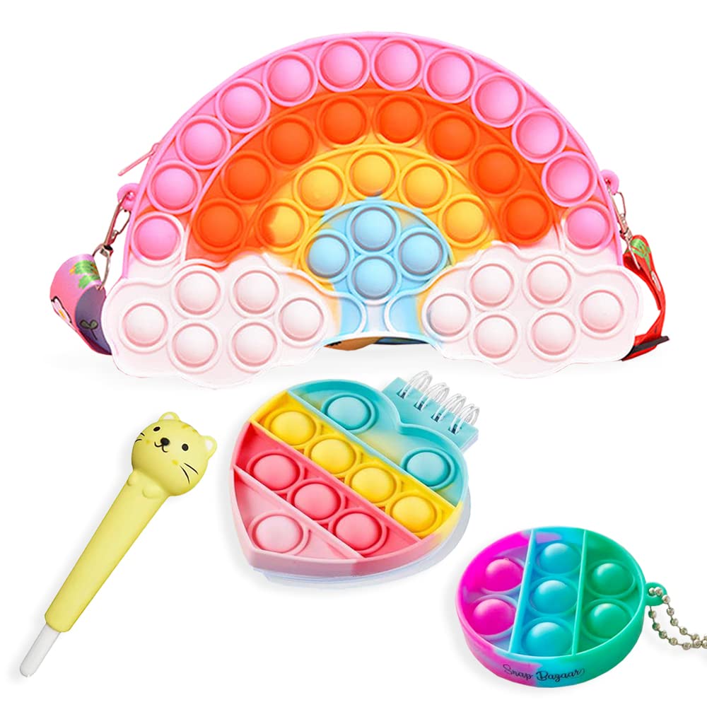 Rainbow fidget purses Pop it Shoulder Bag for Girls with notepad and pen cap Combo Pack|Party Favours Return gifts for girls|Silicone Fidget toy pop it bag