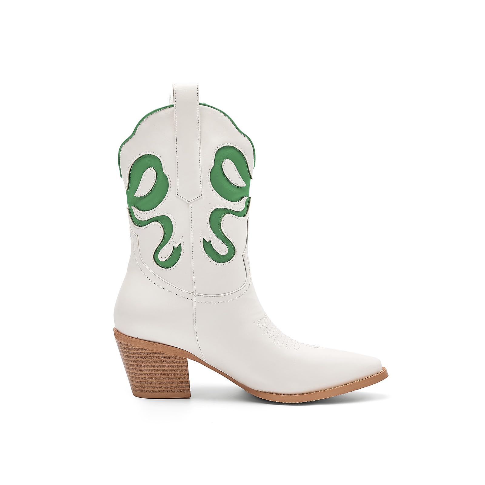 Womens White Cowboy Boots with Colorful Bows Embroidered Cowboy Boots Fashion Almond Pointed Toe Chunky Heel Short Boots