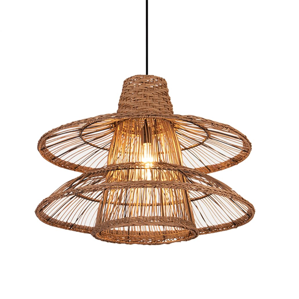 CSSYKV Double-Layer Farmhouse Chandelier Brown Rattan Hanging Light Fixture Wabi-sabi Art Creative Wicker Lantern Coastal Style Hanging Ceiling Lamp Shade for Restaurant Tearoom Coffee Dining Table