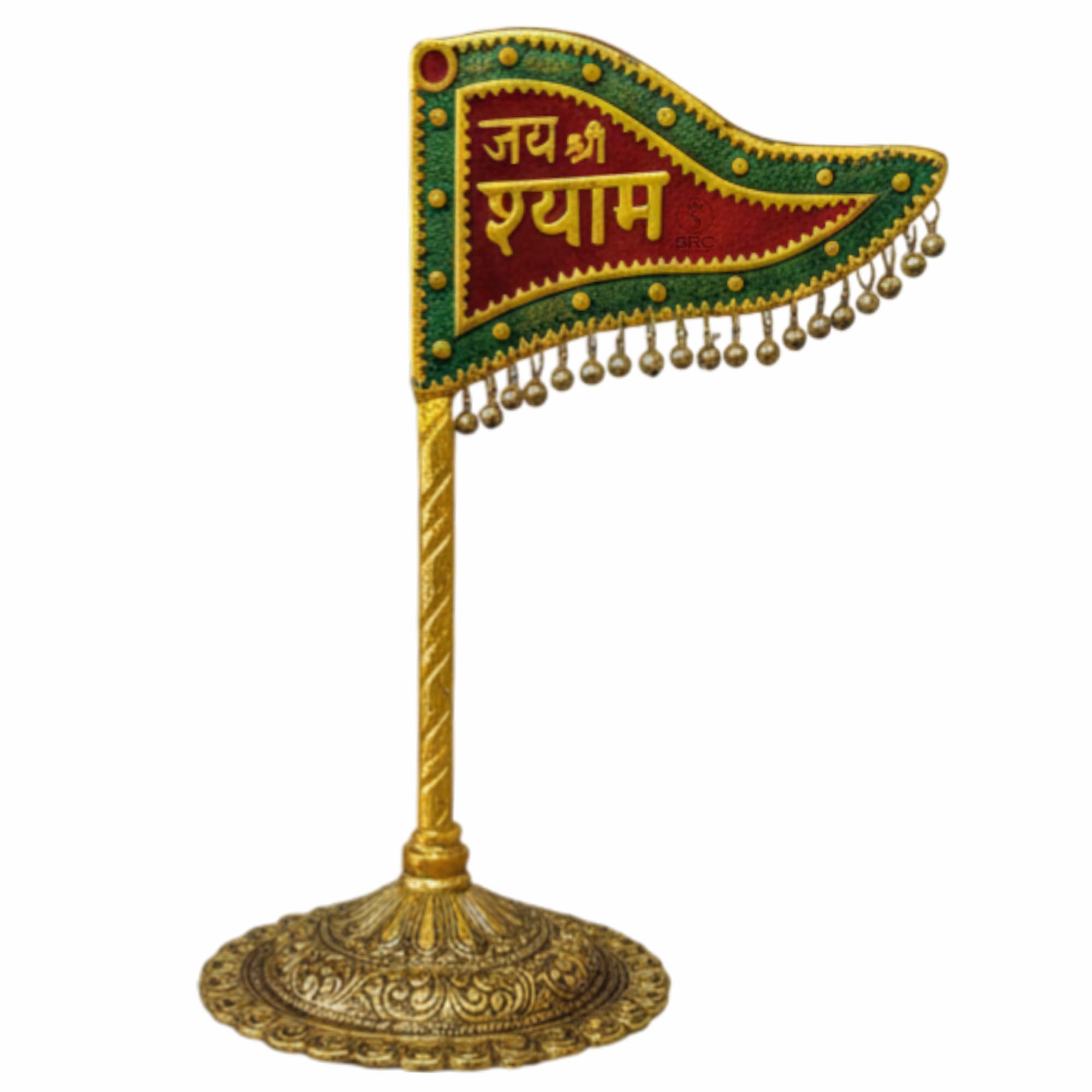 SRC CREATIONS Jai Shri Shyam Nishan Dhwaja Flag, Metal, Gold Finish, 22.5x18.5x10.5 cm, Decorative Religious Banner with Ornate Base-image-47