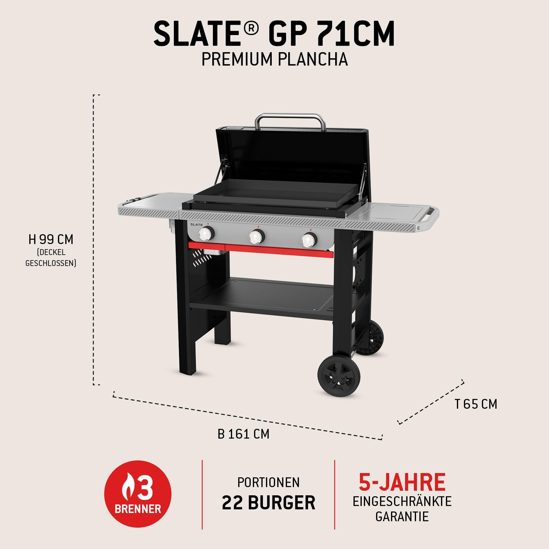Weber Slate GP 71 cm Premium Plancha mit Untergestell und Rollen | 3 Brenner, Porzellanemaillierte Antihaft-Grillfläche, Durchgehende Hitzeverteilung, Multi-Zonen-System, 3252 cm² Grillfläche