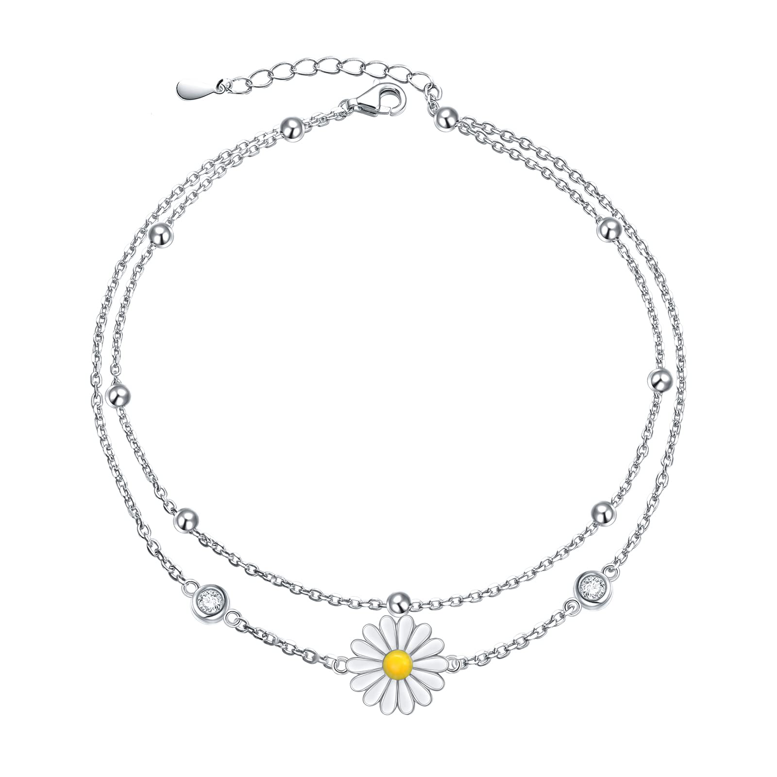 DAOCHONG Tobillera de plata de ley 925 con perlas y flores, cadena ajustable para el tobillo como regalo para mujer (margarita_9+1 pulgadas)
