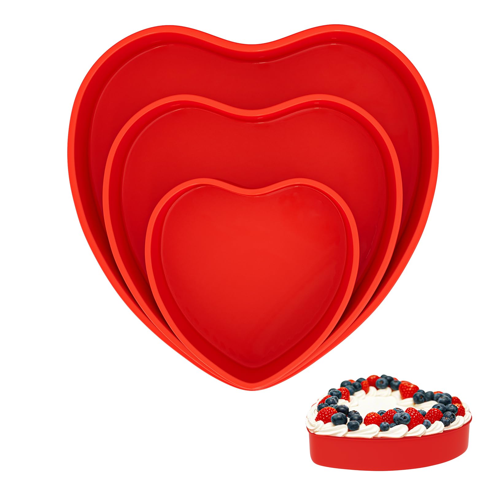3 Pieces Silicone Heart Shaped Cake Pans 6" 8" 10" Nonstick Silicone Heart Cake Mold Silicone Heart Baking Pans Reusable Layered Heart Cake Pan for Valentine's Day Cake Brownie Cheese Mousse (Red)