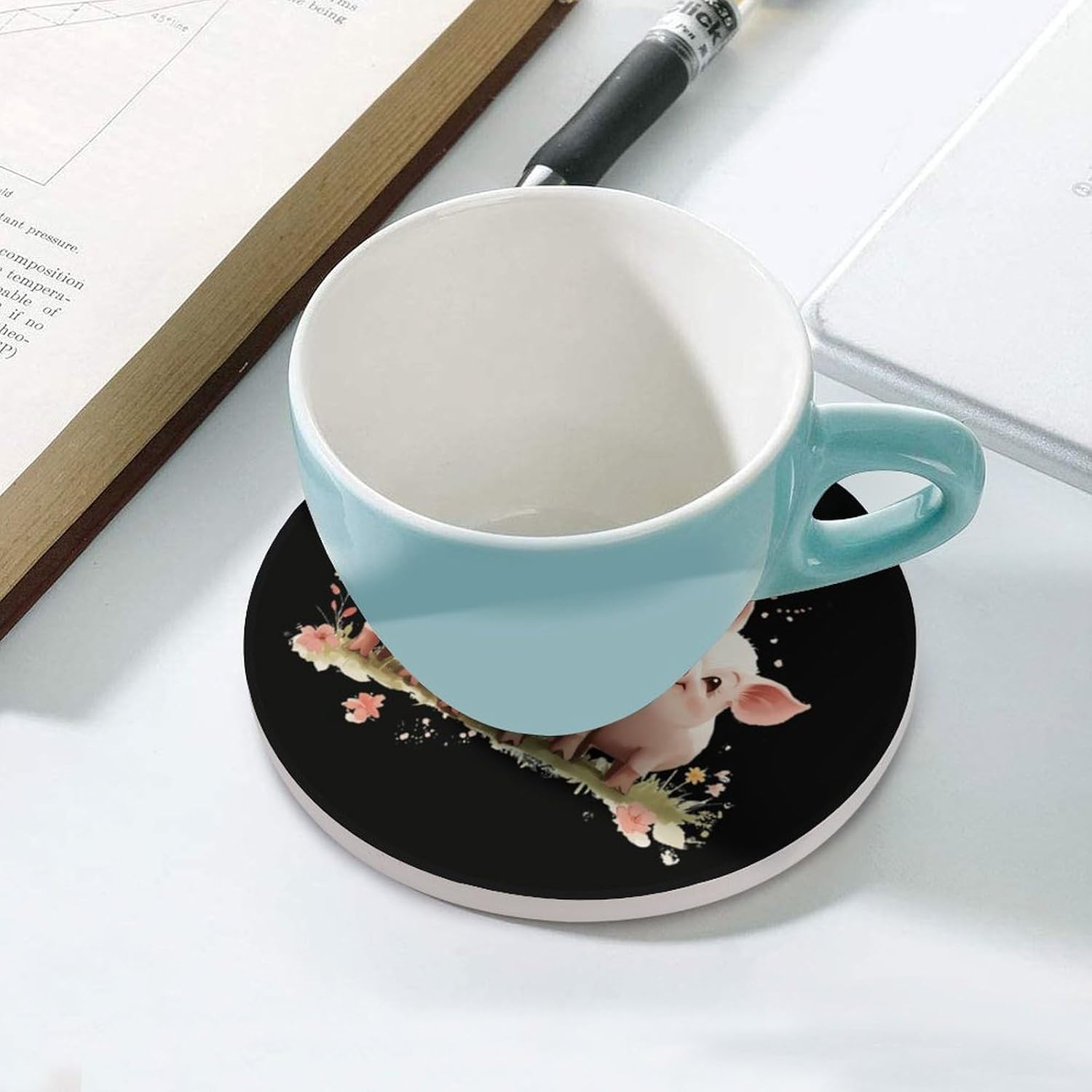 Cute Pigs Round Ceramic Coasters Print Drinks Absorbent with Cork Base for Home Decor Gifts 4 Inch