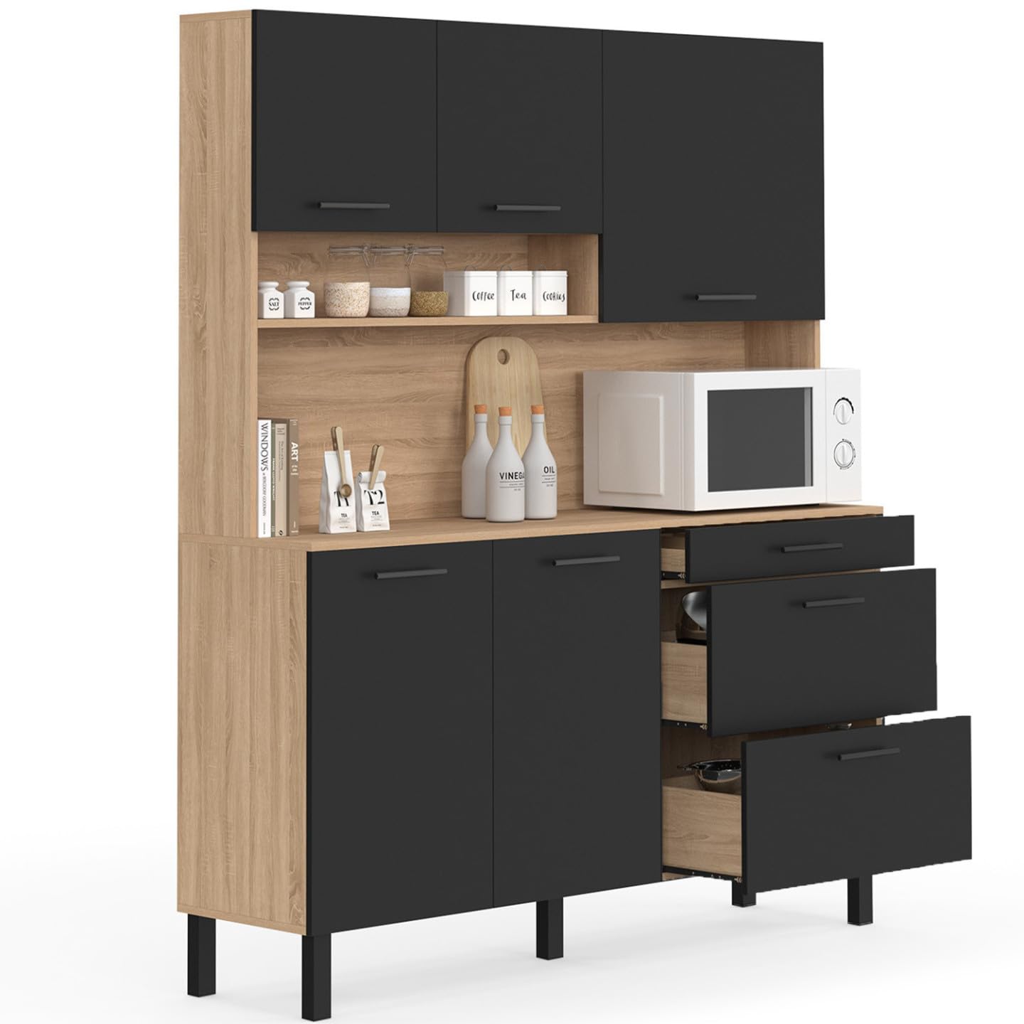 IDMarket - Buffet casserolier de Cuisine 140 cm CINA façon hêtre et Noir | Avec 5 portes + 3 tiroirs