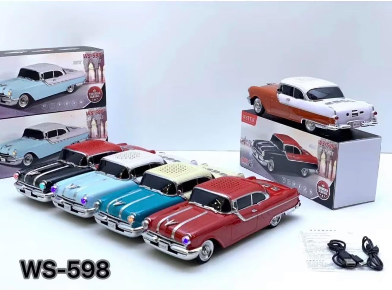 WS-598 Classic Car Bluetooth Speaker, Vintage 1950s Style Portable Wireless Sound System, Multi-Color Retro Vehicle Design, Built-in 1500mAh Battery (Black)