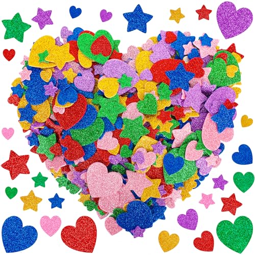 300 PCS Foam Stickers, Colorful Heart Stickers Glitter Star Heart Stickers, Self Adhesive Arts Craft Mini Star Bulk for Valentine Crafts DIY Greeting...