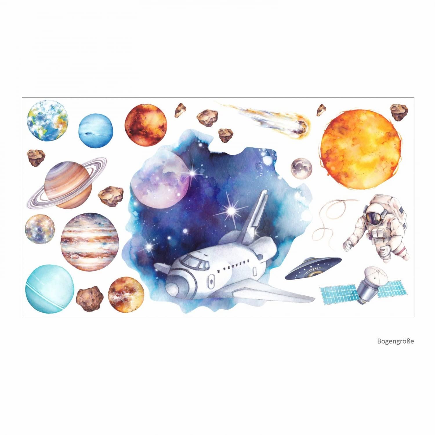 nikima Schönes für Kinder 239 tatuaż ścienny z motywem kosmosu, planety, astronauta, akwarela, rozmiar 2000 x 1120 mm, w 6 rozmiarach – naklejka do pokoju dziecięcego, naklejka ścienna, dekoracja ścienna