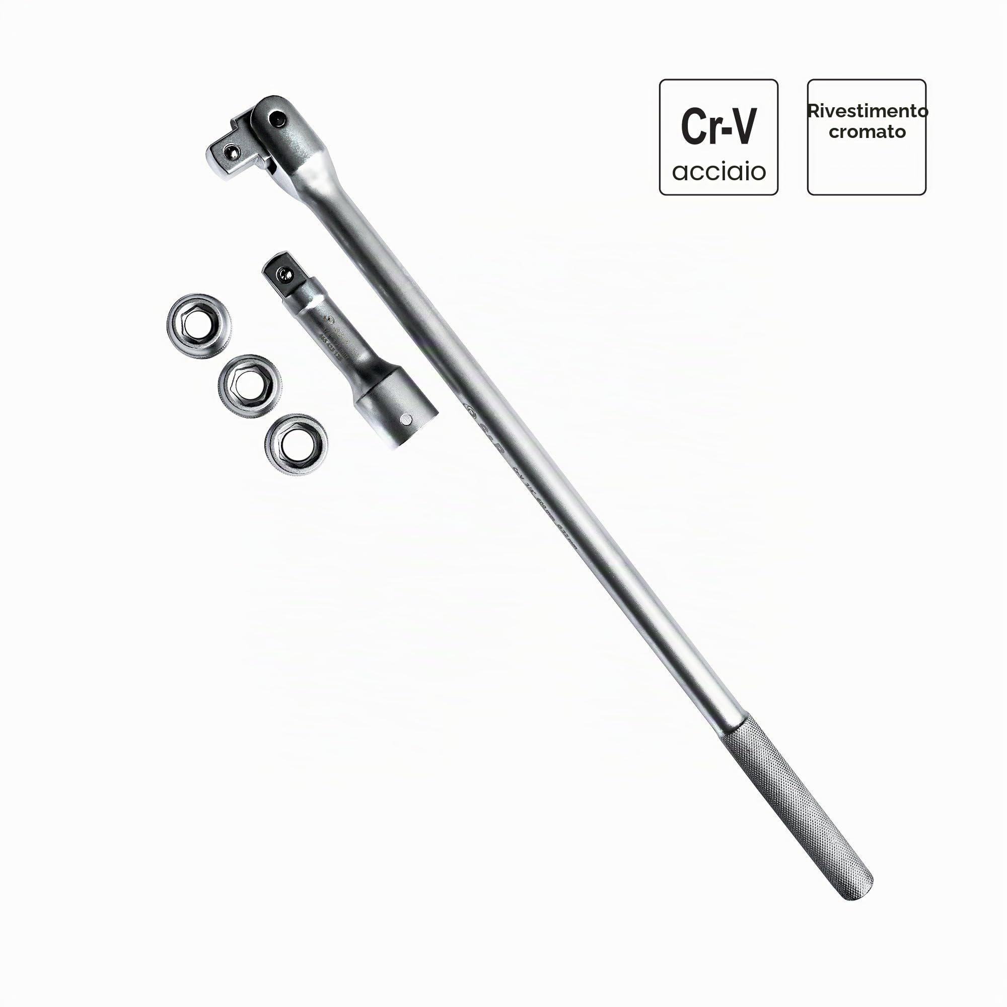 S&R Chiave a Bussola 3/4 a snodo Ø 22 mm per Ruote Auto. Set con Bussole 17-19-21 mm e prolunga. Sbarra da 60 cm Infrangibile Satinata Professionale