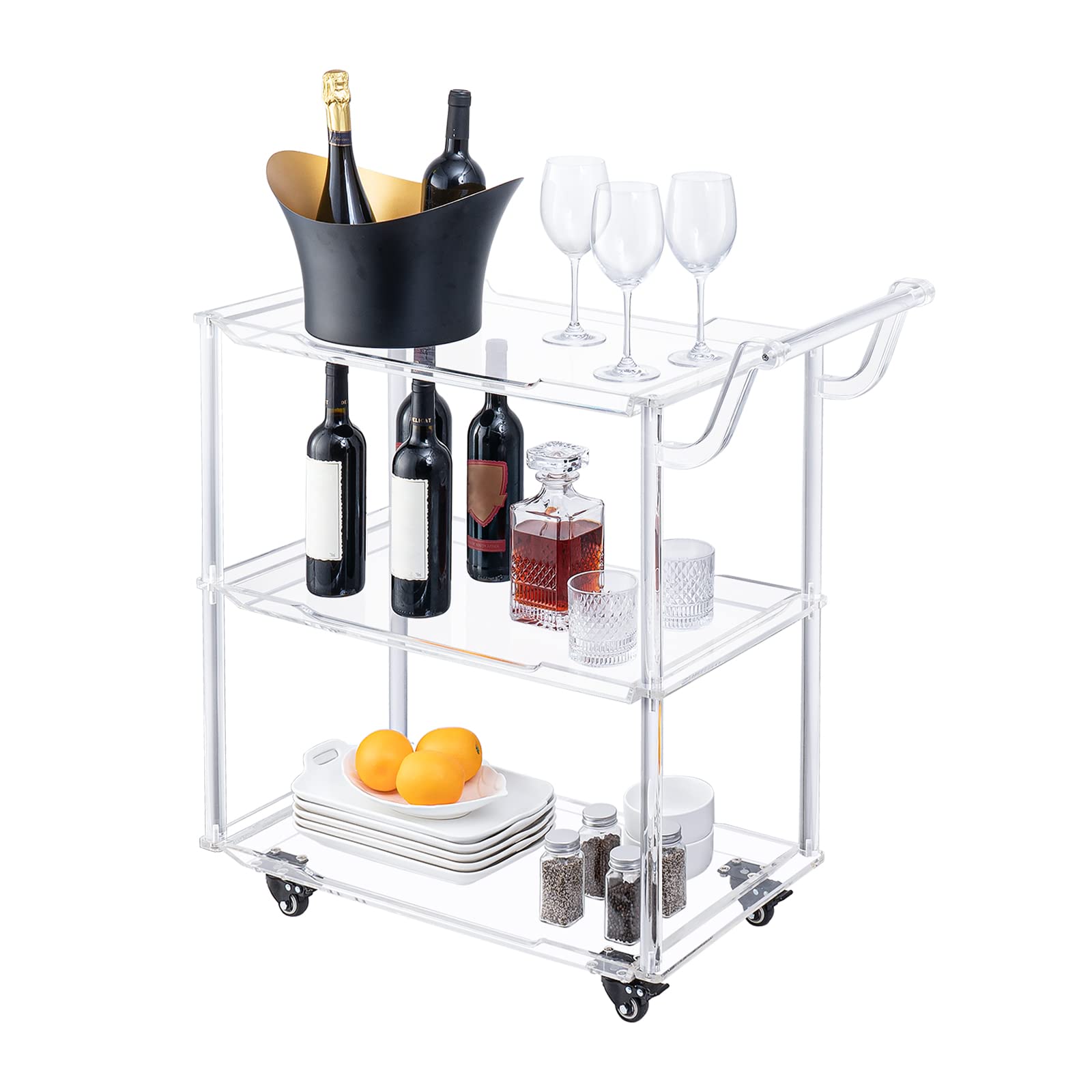 HMYHUM Acrylic Bar Cart with 4 Lockable Wheels, Pulling Handle, Rolling Serving Cart for The Home Bar, Kitchen, Living Room, Modern, 3-Tier, 27.4" L x 15.3" W x 33.9" H, Clear