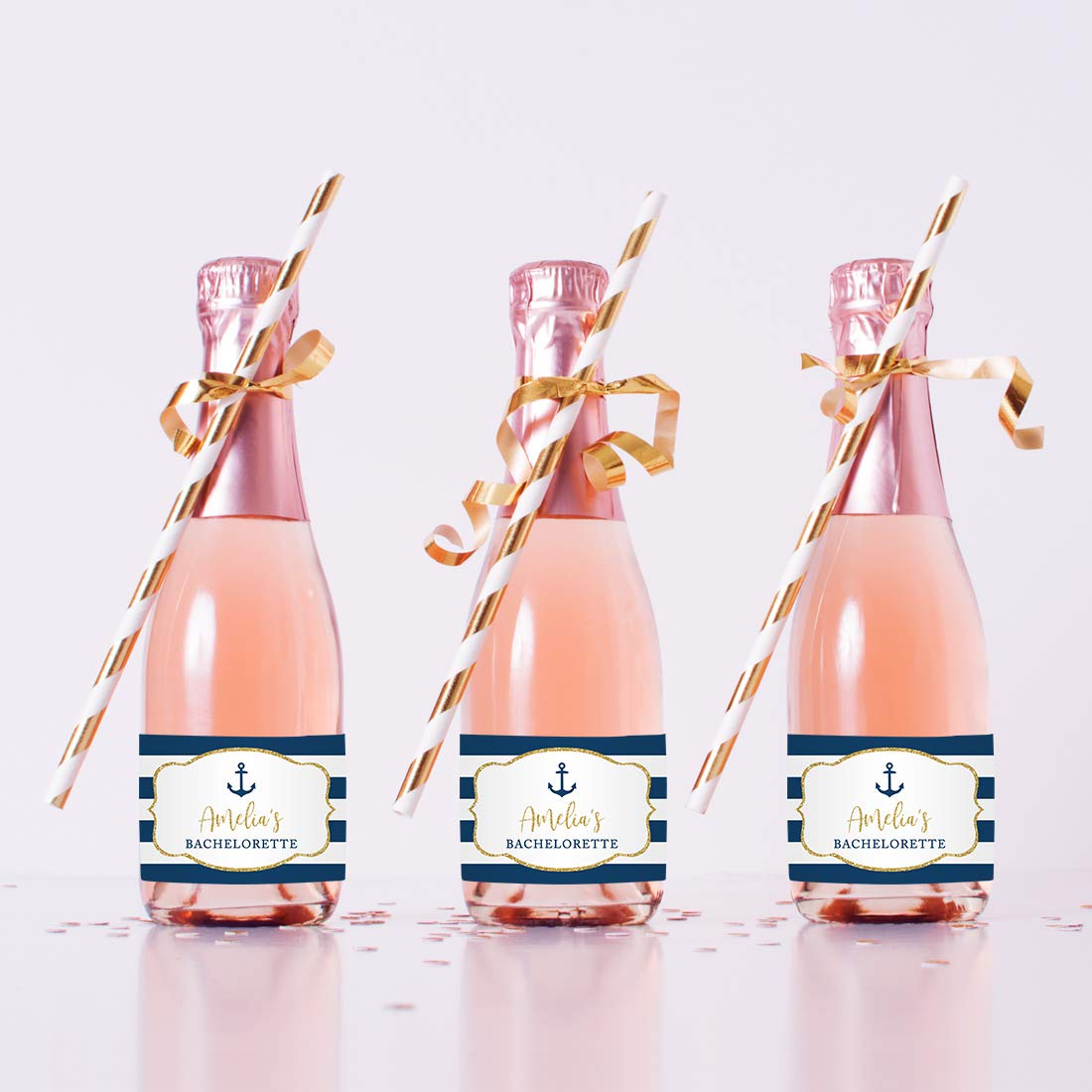 Andaz Press Personalized Mini Champagne Wine Bottle Labels, Amelia's Bachelorette, Location, Nautical Navy Blue Stripes Faux Gold Glitter, 20-Pack, Custom Mini Champagne Favor Gift Stickers