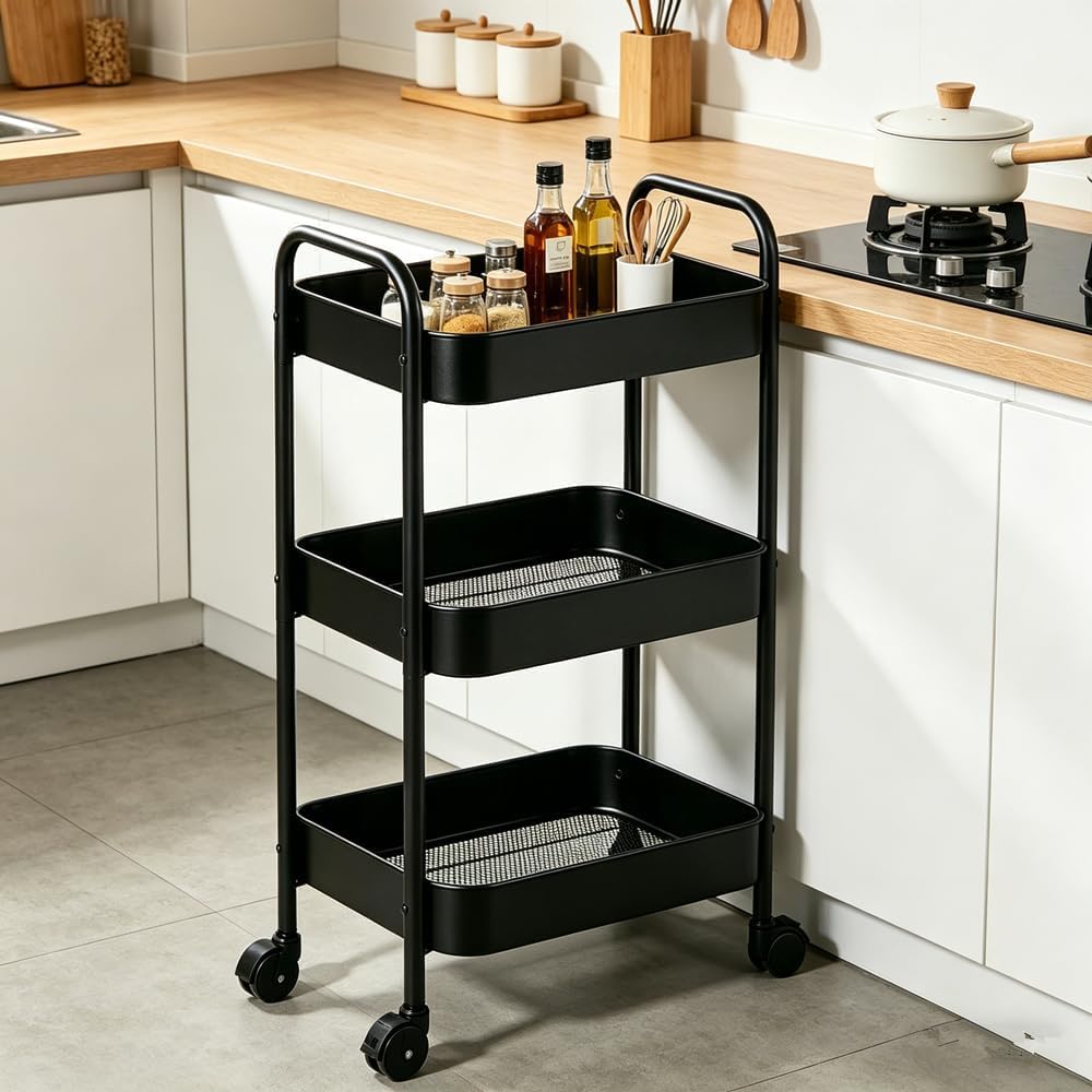 Black 3-Tier Rolling Cart with Wheels, Multifunction Utility Storage Carts, Kitchen Storage Organizer, Mobile Shelving Unit for Bathroom, Laundry — view 6
