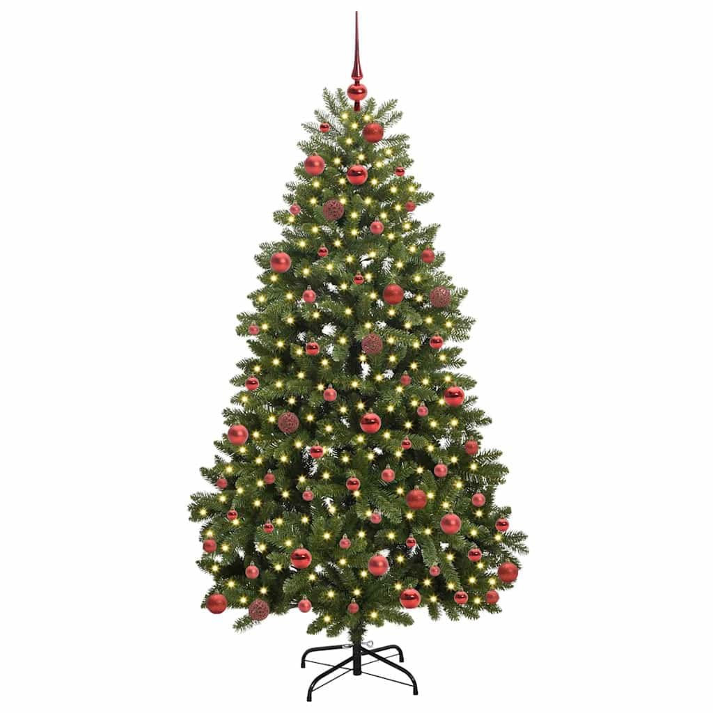 Sztuczna choinka zielona, 180 cm, PCW i metal, z 300 diodami LED o ciepłej białej barwie, 8 trybów, do użytku wewnątrz i na zewnątrz, łącznie z kulkami