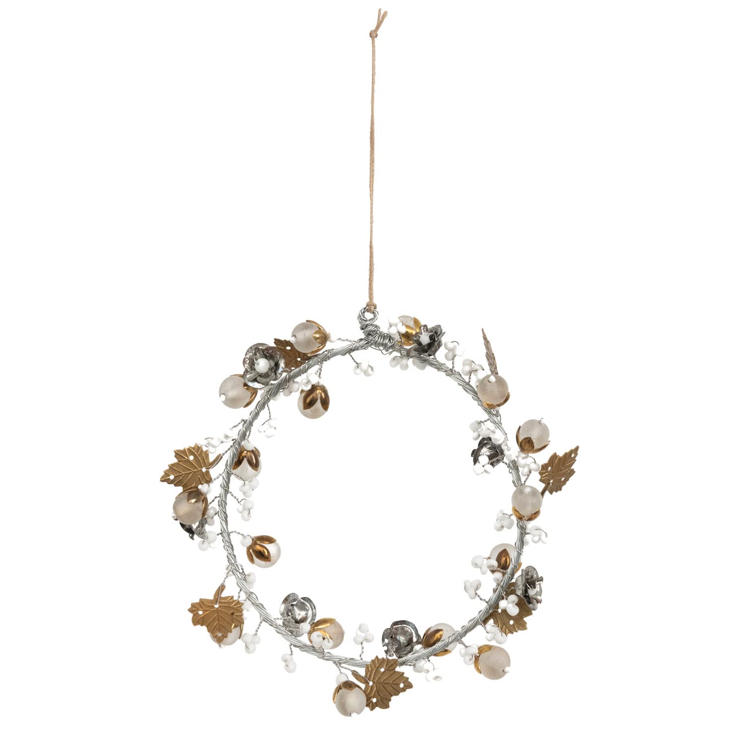 Creative Co-Op Round Metal Laurel Wreath with Beads, Leaves and Flowers, Silver and Brass Finish